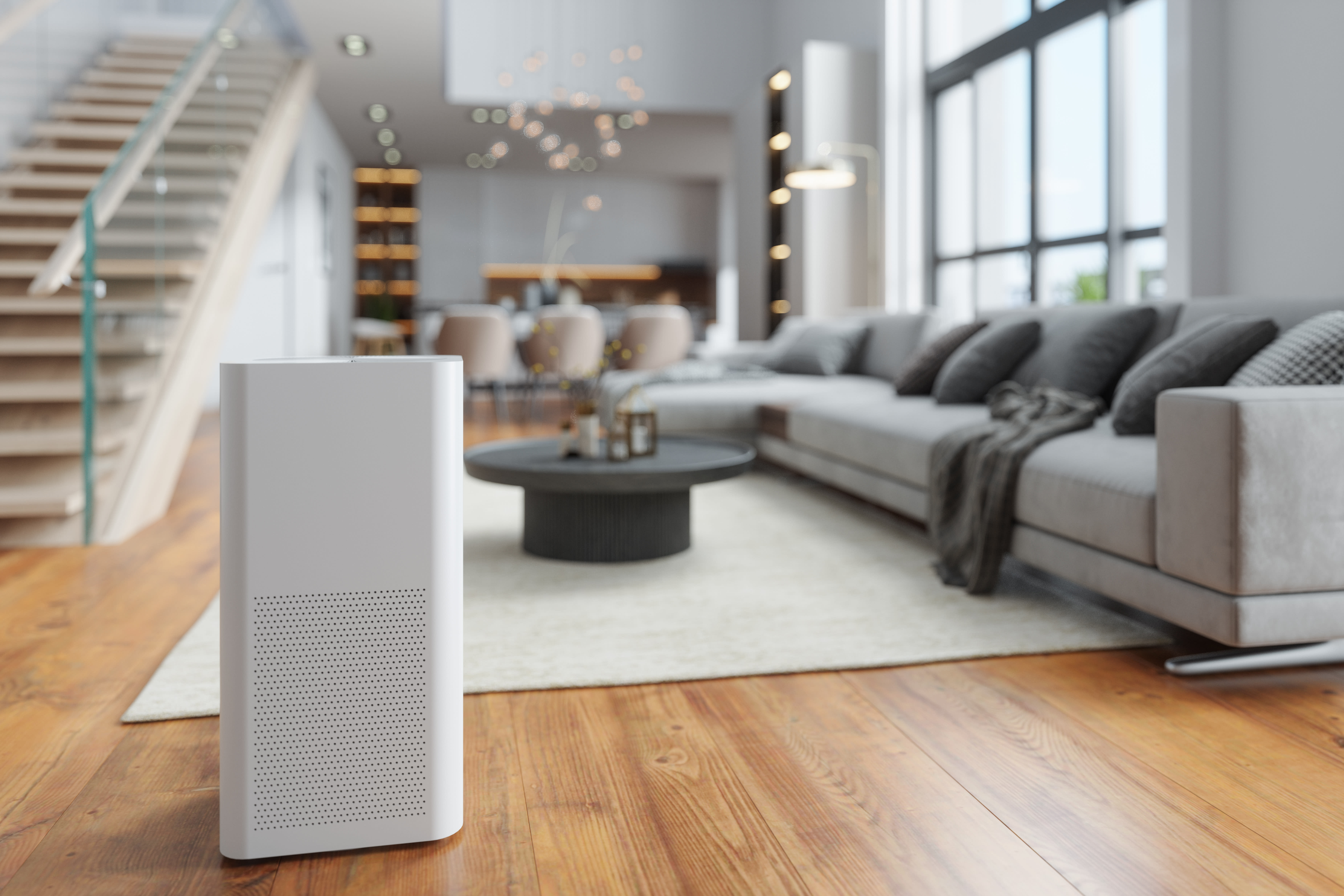 A dehumidifier with a touch panel working in living room