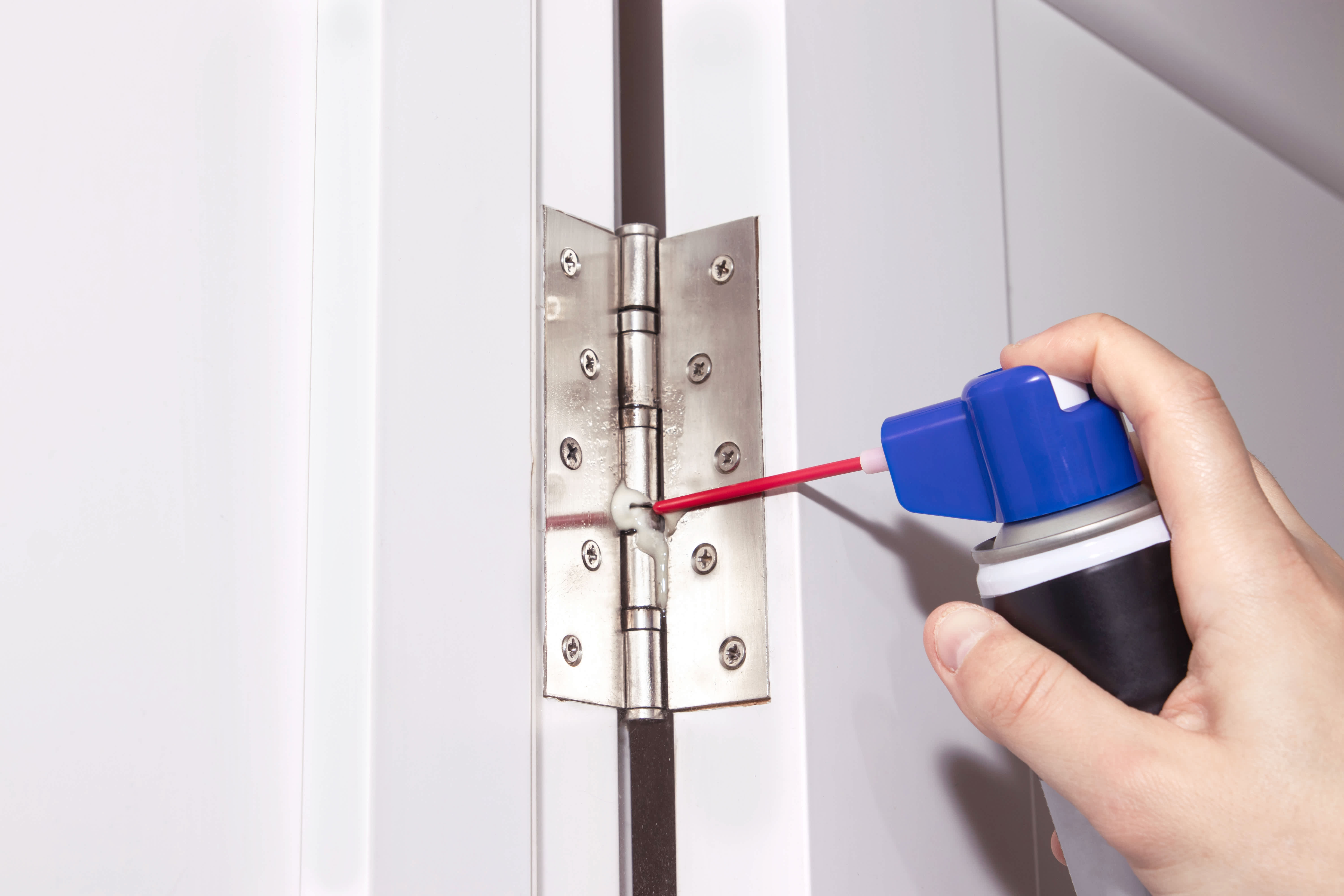 Person using spray to grease a door hinge