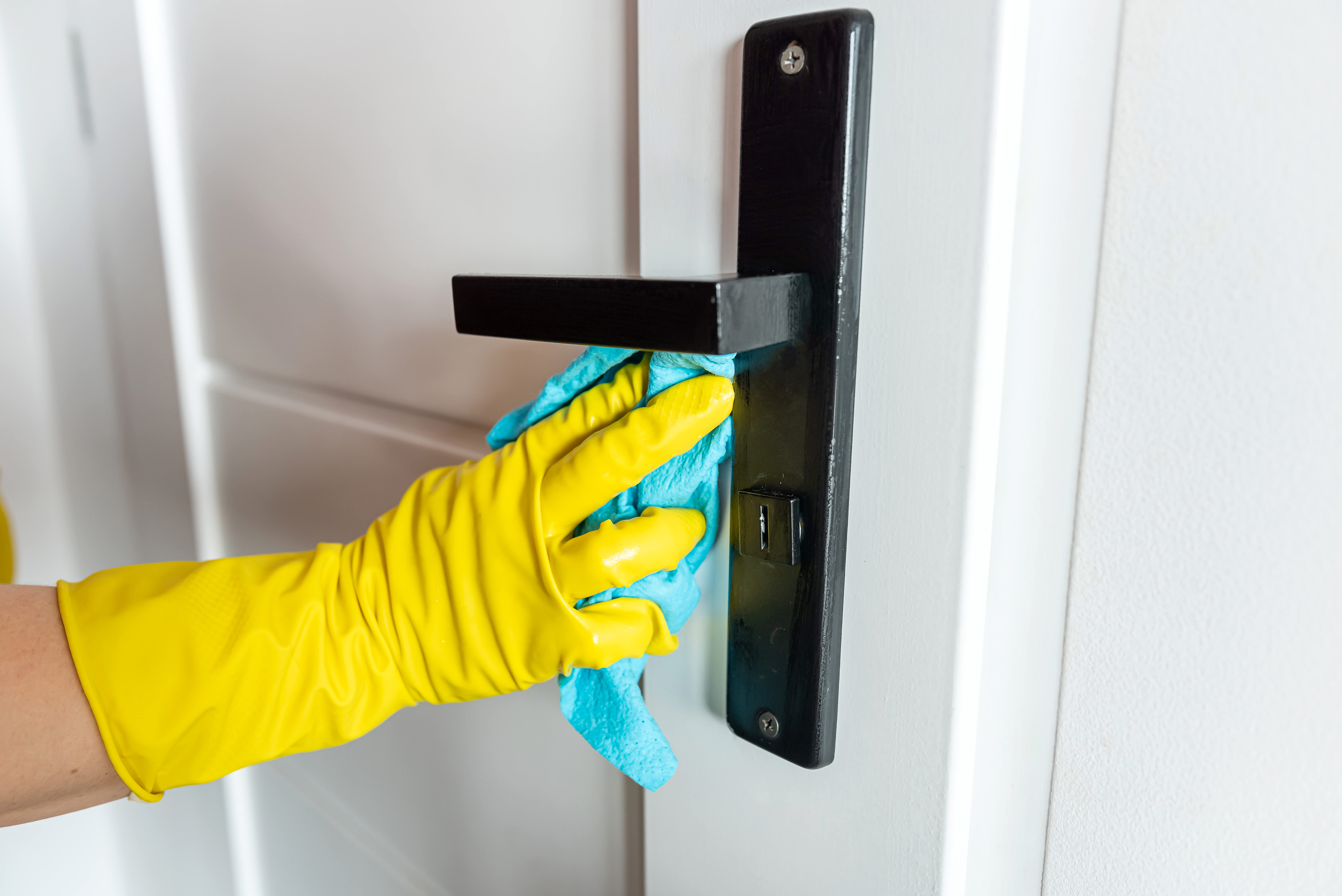 Person using a wet cloth to clean a door handle