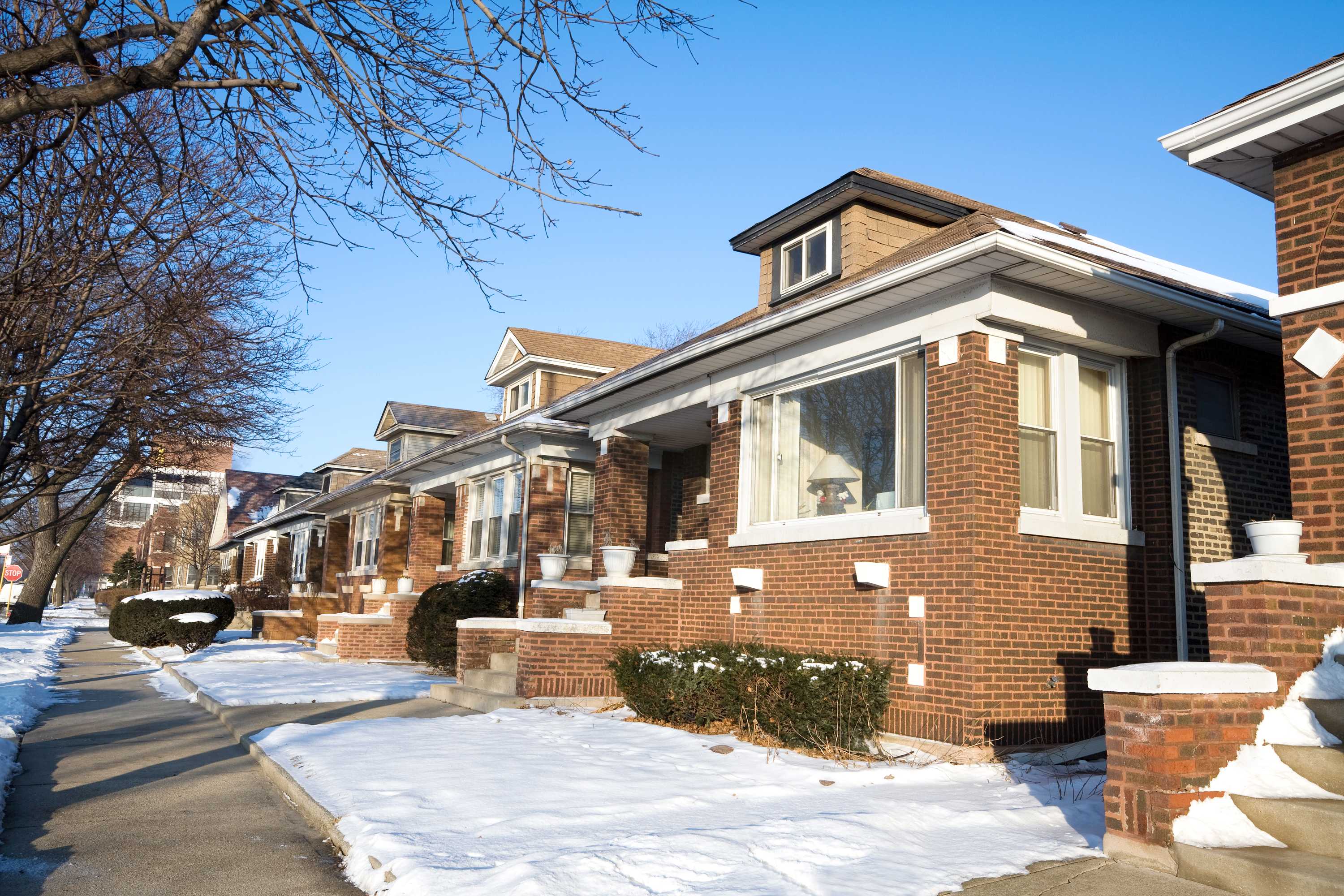 Row of bungalows in Chicago during the winter
