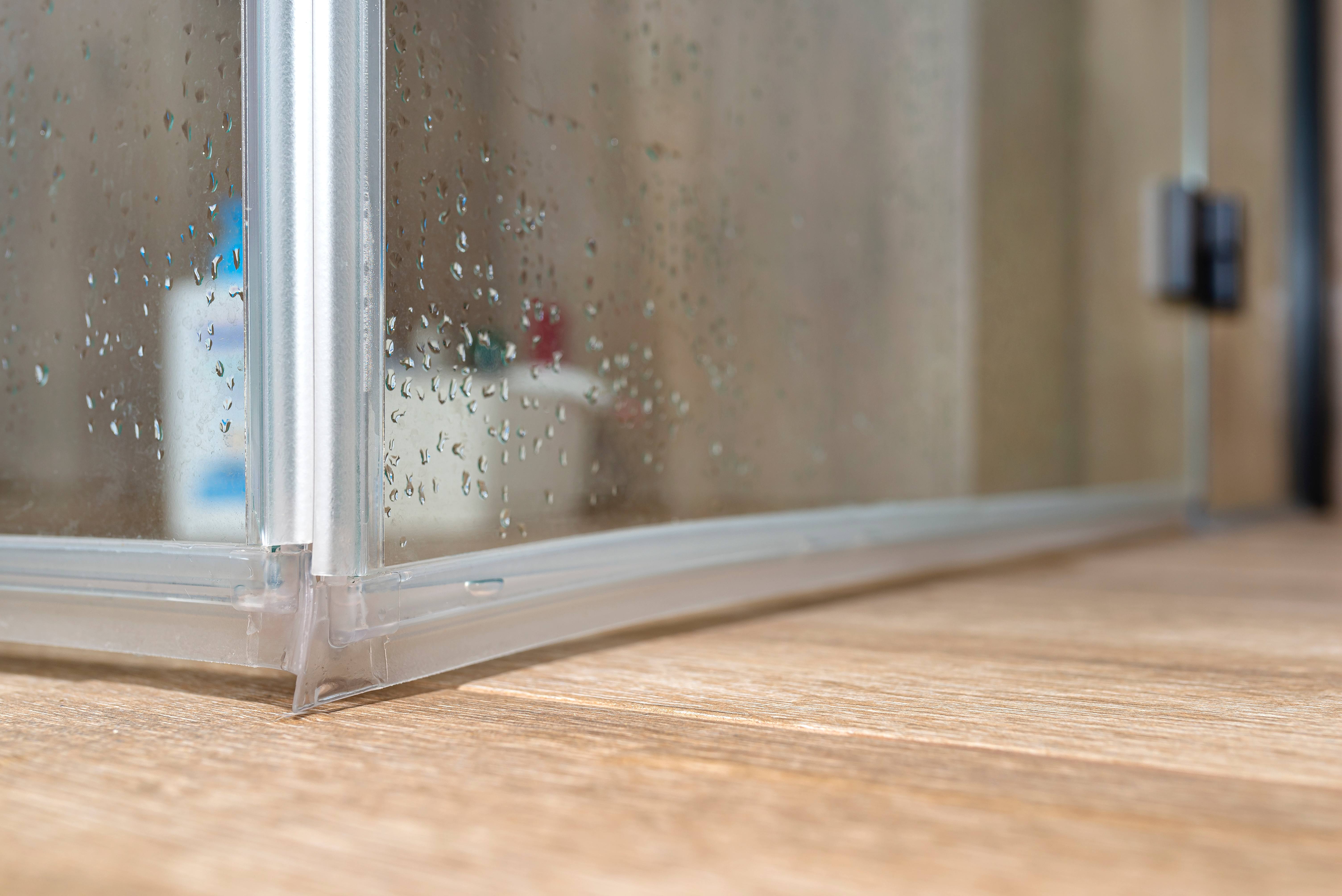 Seals in the lower part of the thresholdless shower enclosure, visible door corner