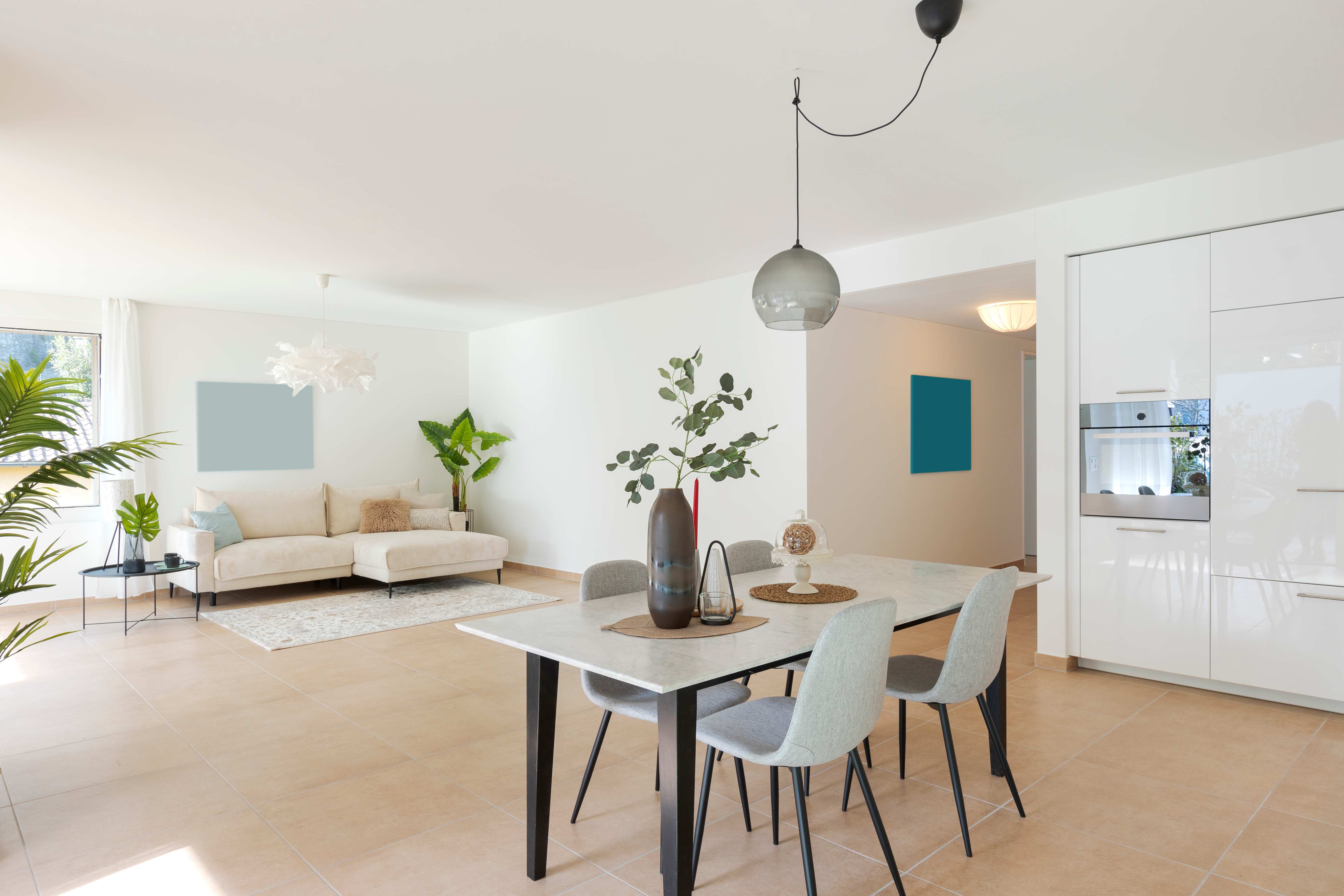 Bright open plan living room and dining area