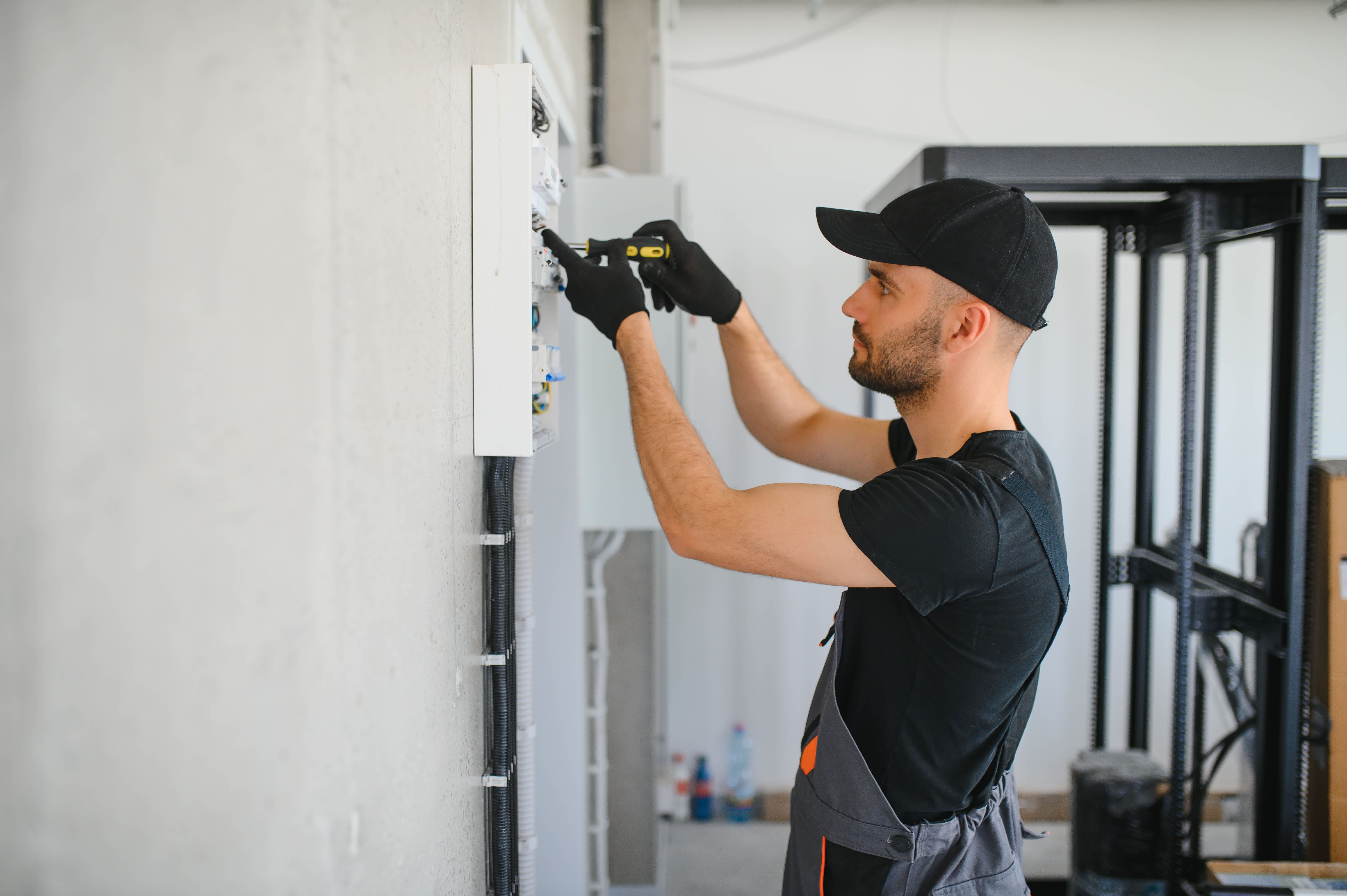 electrician testing switchboard fuses