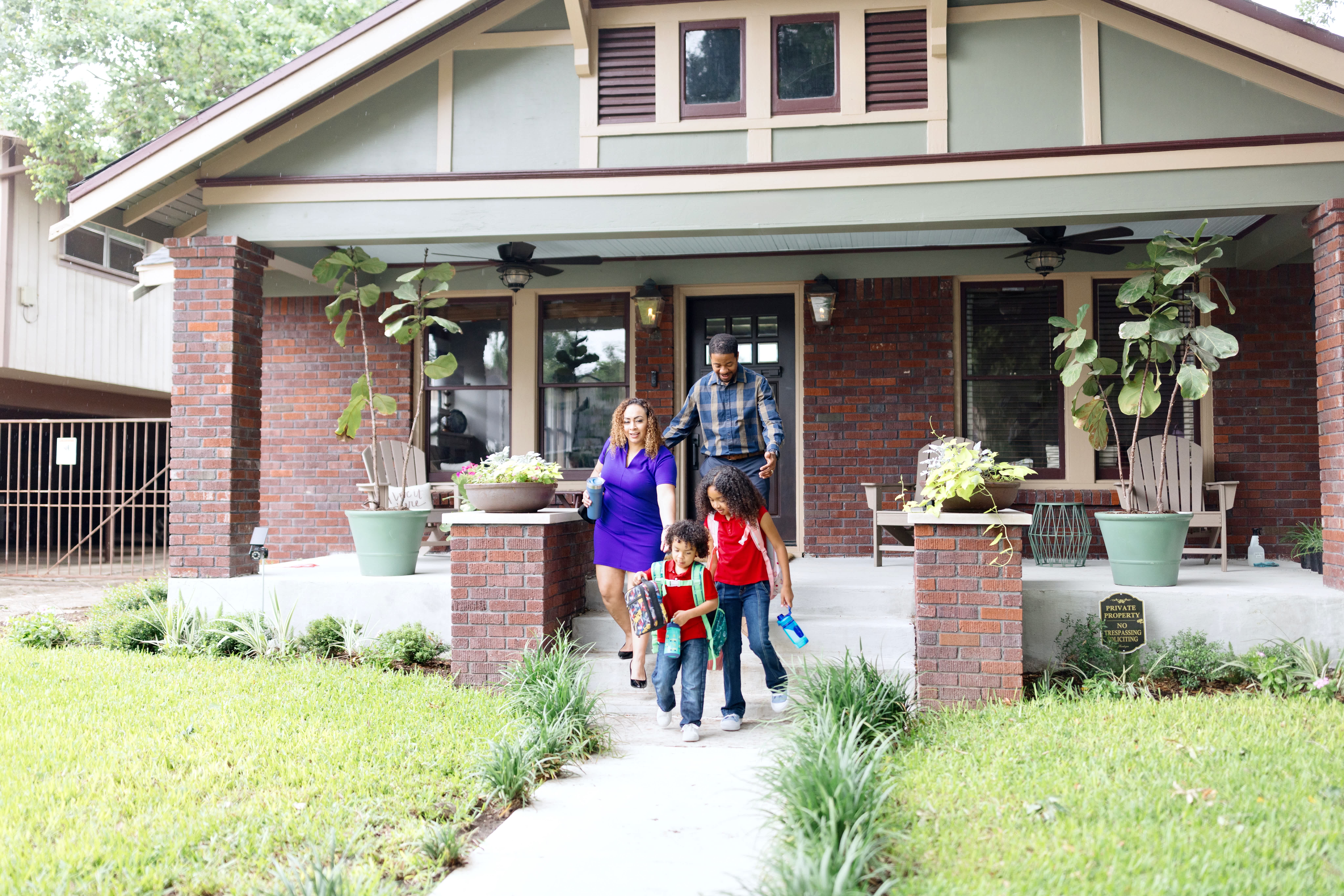 Parents and children leaving home in the morning