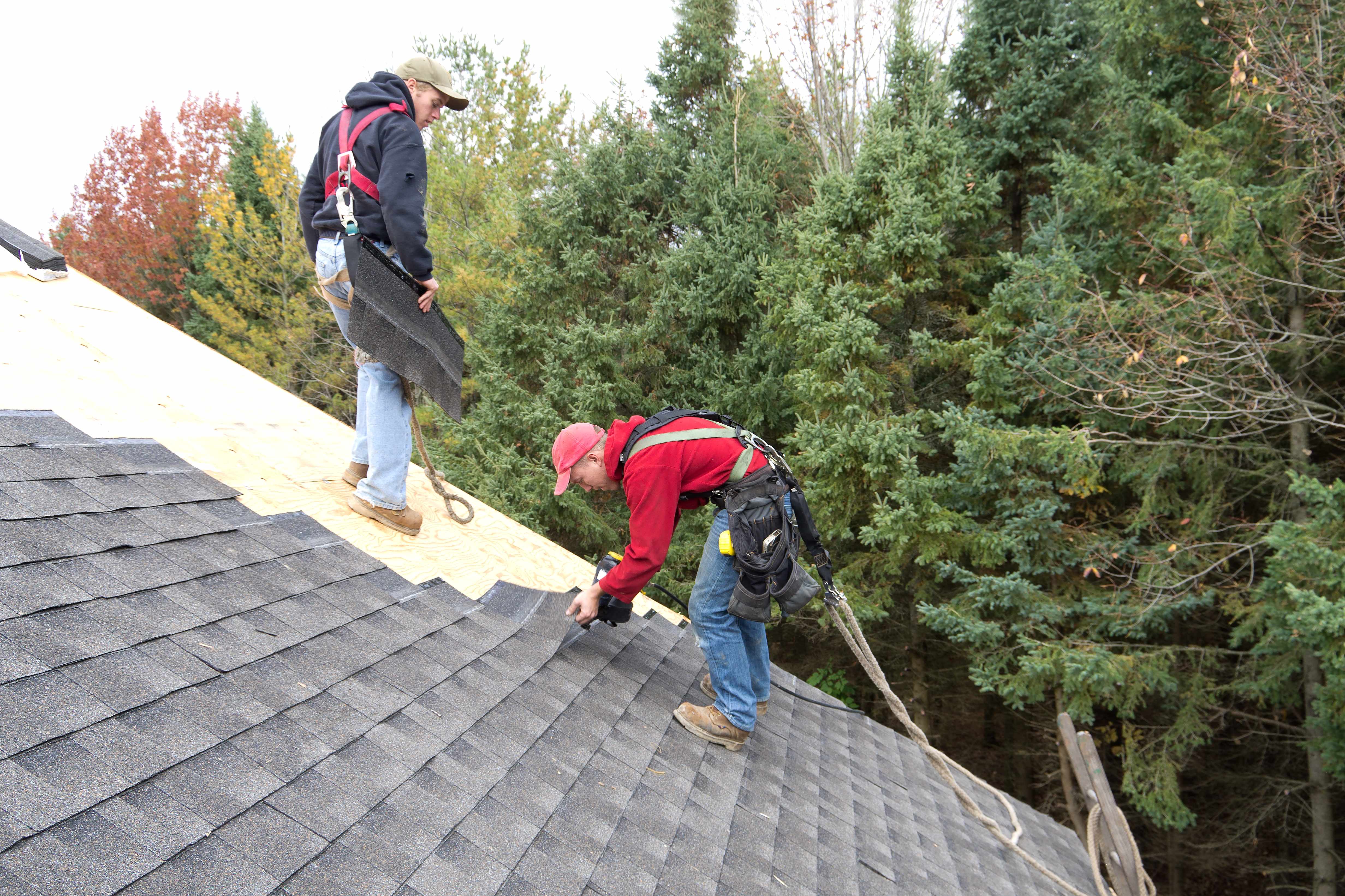 Workers installing new asphalt shingles on the roof