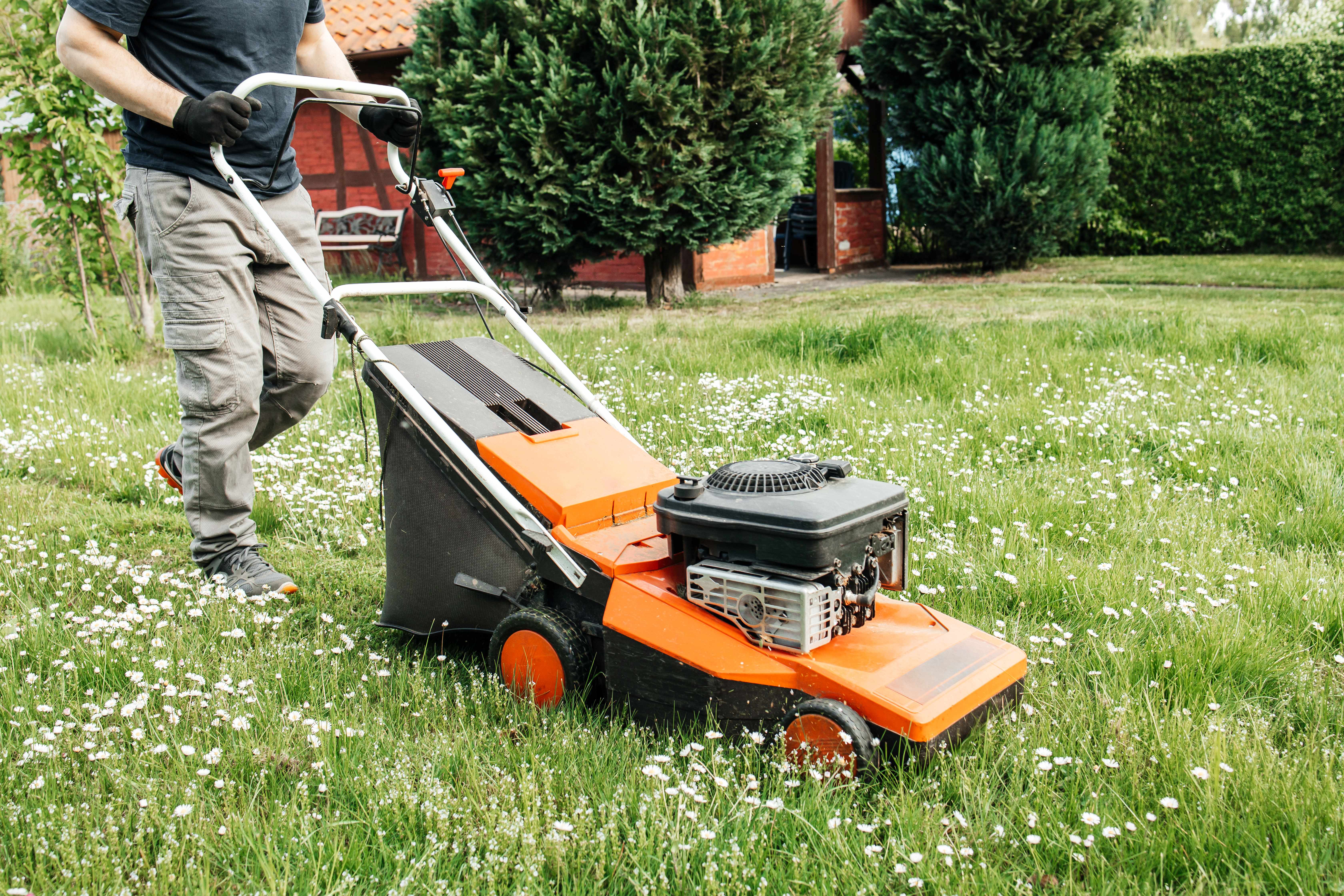 Close-up of a man mowing the lawn