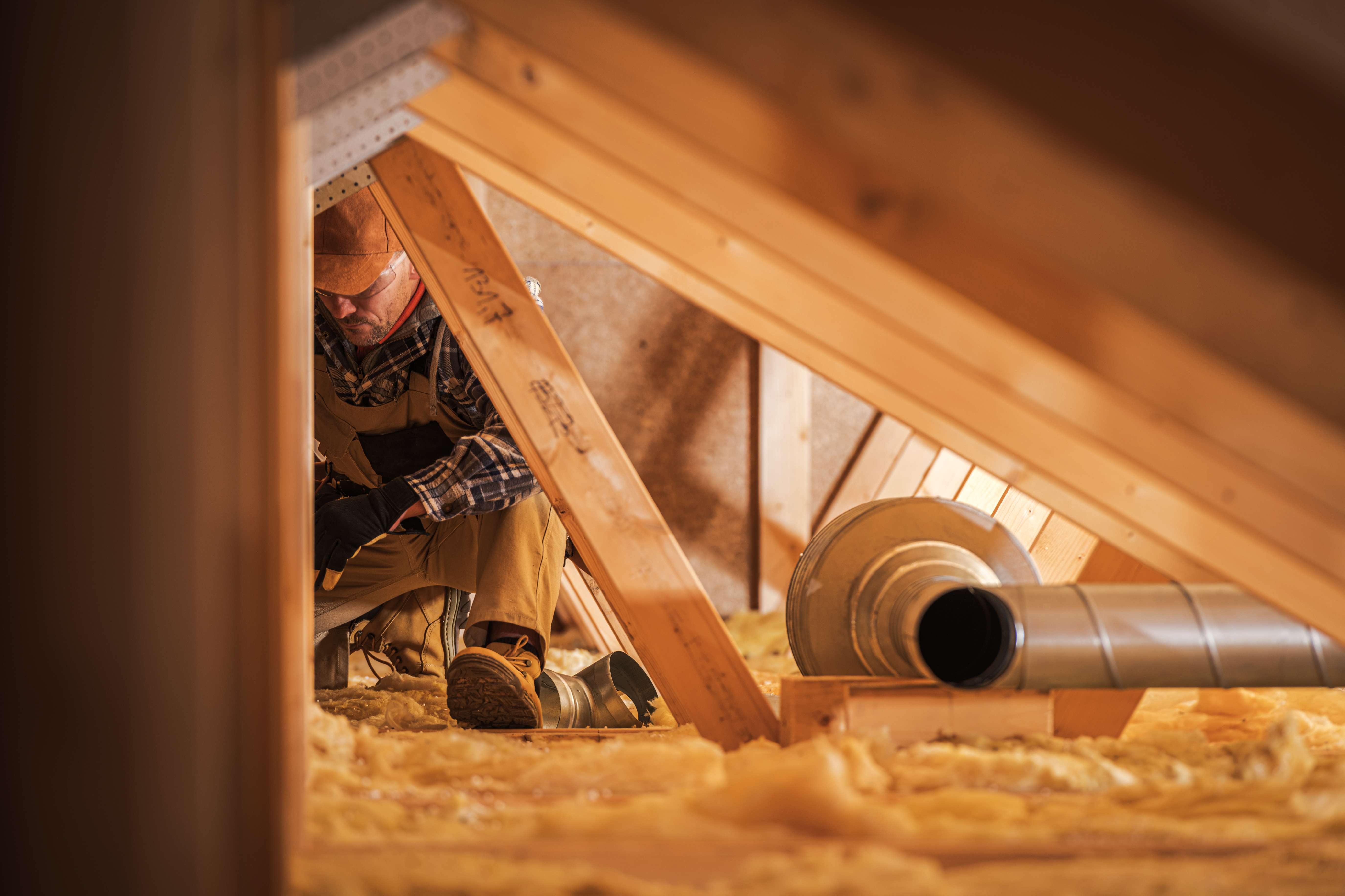 A construction worker is installing insulation in an attic space