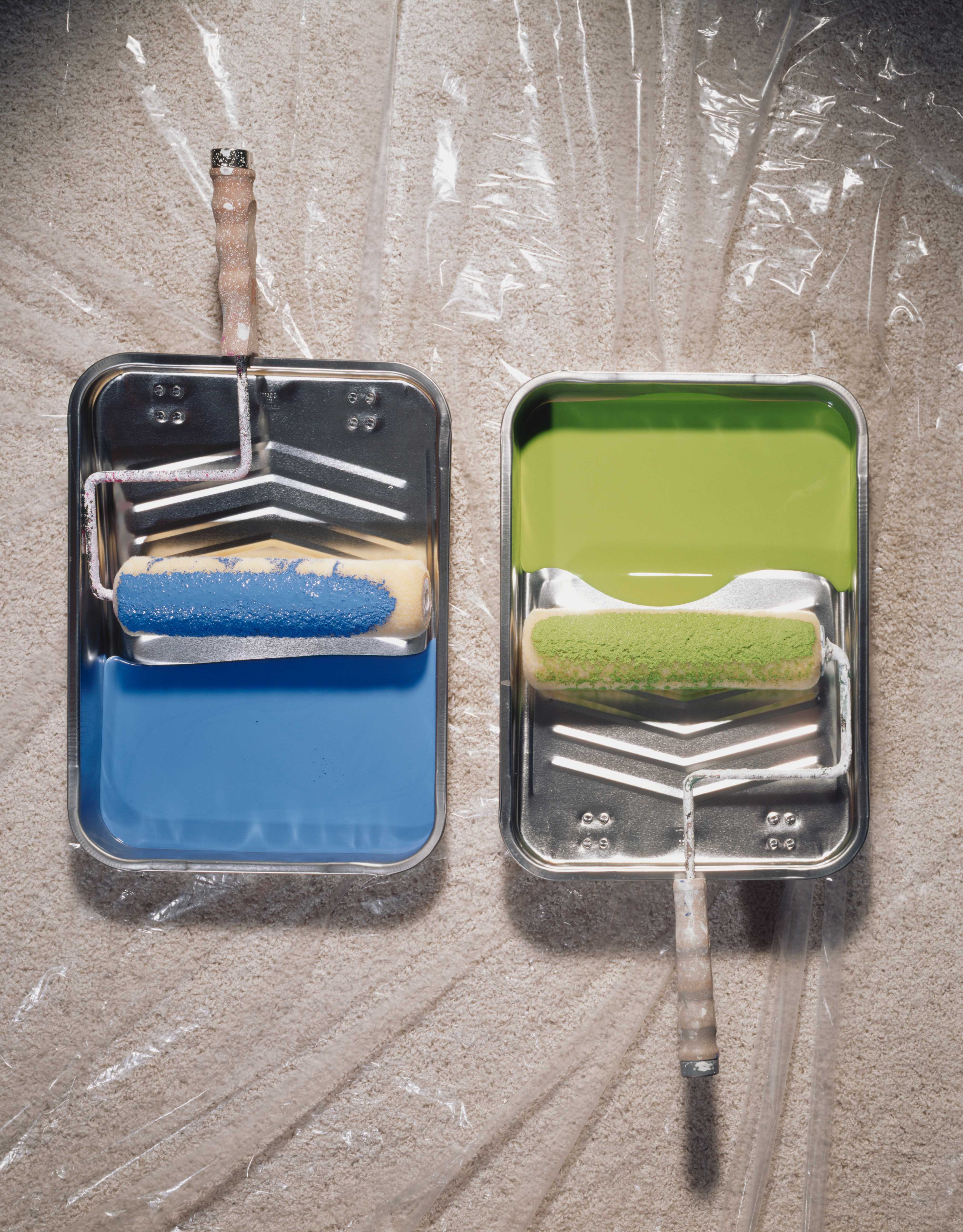 Blue and green paint in trays