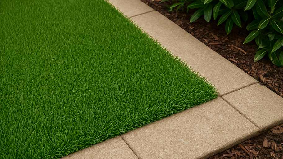 Artificial turf edged by stone pavers beside mulch and green shrubbery in a landscaped garden