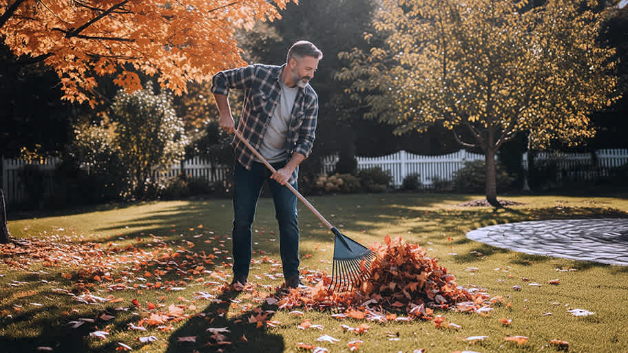 Man raking autumn leaves in a fenced yard beneath trees with fall foliage.
