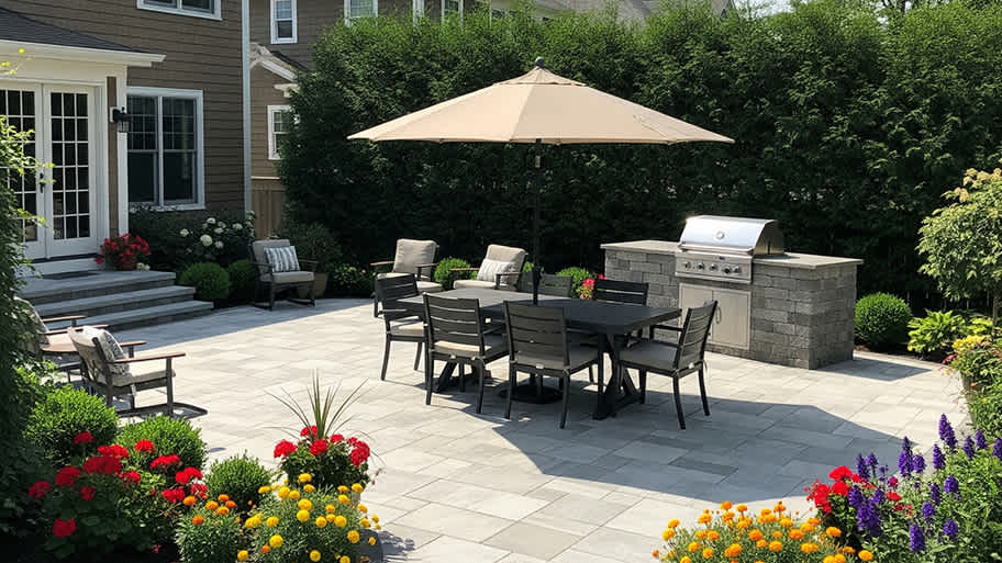 A large paver patio features a dining set under an umbrella and a built-in grill, surrounded by lush landscaping