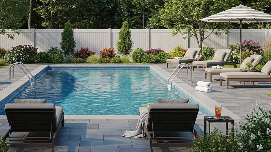 A rectangular in-ground pool is surrounded by a paver patio with lounge chairs and a white fence.