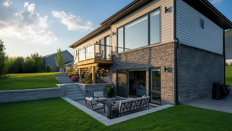 Walkout basement patio with outdoor seating, stone retaining walls, staircase, and a wood deck overlooking a green lawn