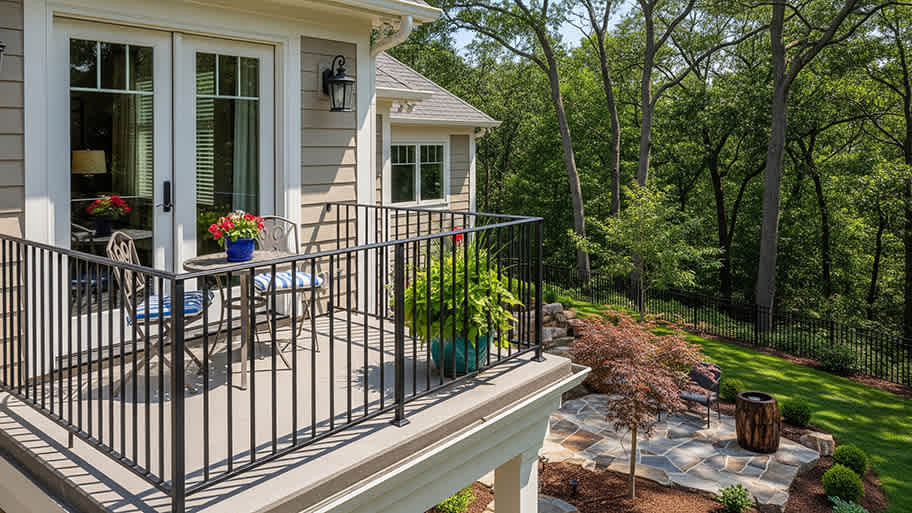 A furnished balcony with a black metal railing overlooks a landscaped backyard with a stone patio and woods