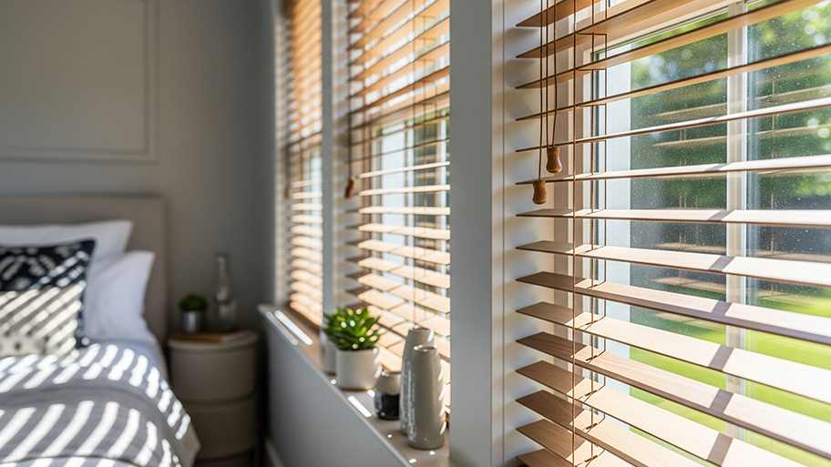 Sunlight filters through wooden blinds in a bright bedroom, casting striped shadows across the room