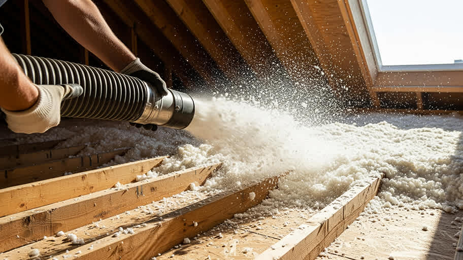 A worker holds a large hose, spraying white blown-in insulation between the joists of an attic floor.