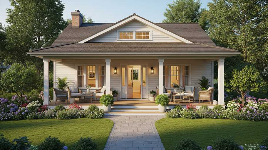 A charming single-story home with a covered front porch, white columns, cozy seating, and a landscaped yard full of flowers
