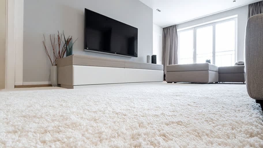 A low-angle view of a modern living room highlights the clean, white, high-pile shag carpet.