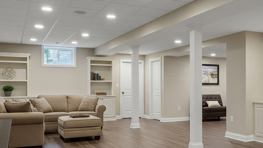 A finished basement with a tan sectional sofa, a drop ceiling with recessed lighting, and built-in bookshelves