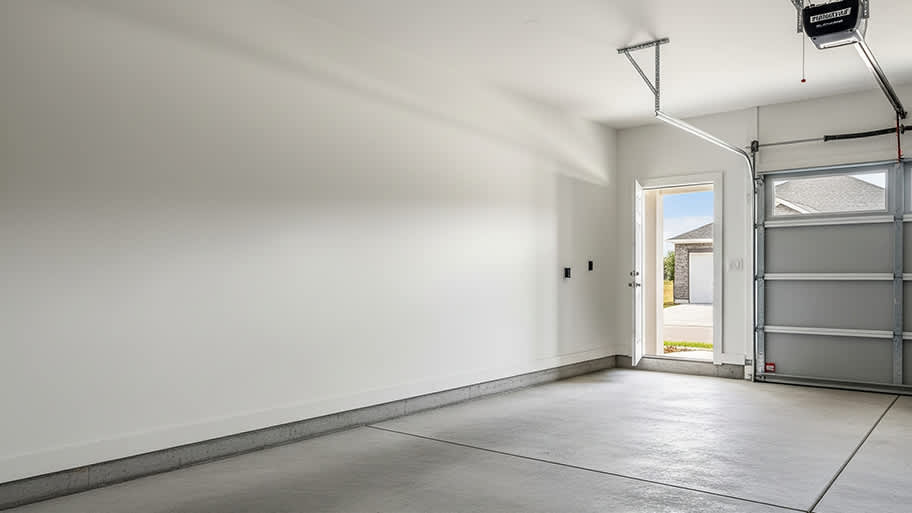 An empty, clean two-car garage with a concrete floor, a side door, and a partially open garage door
