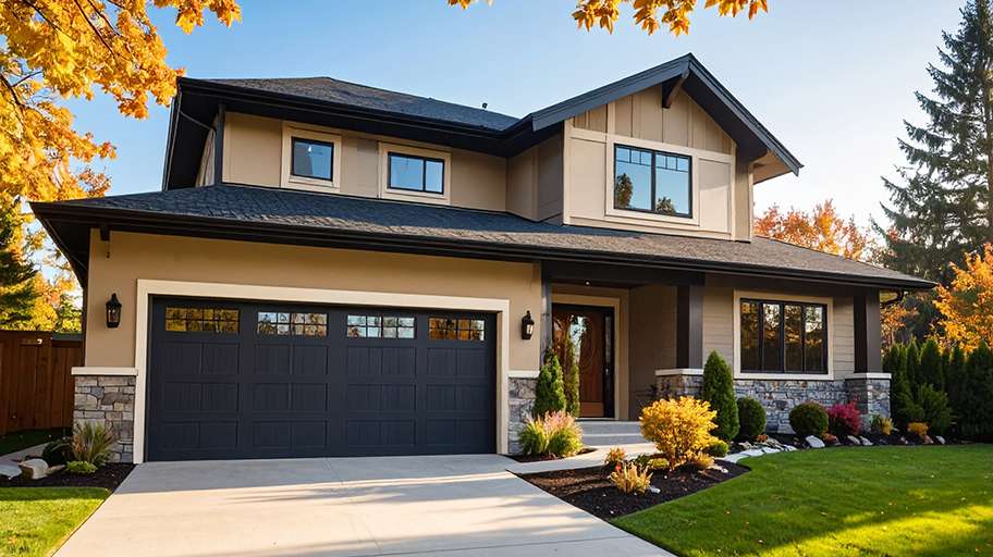 A tan two-story house with a black garage door and stone accents is surrounded by a green lawn and autumn trees