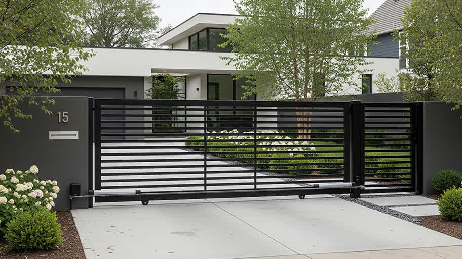 A sleek black metal horizontal slat sliding gate in front of a modern white house with a manicured lawn