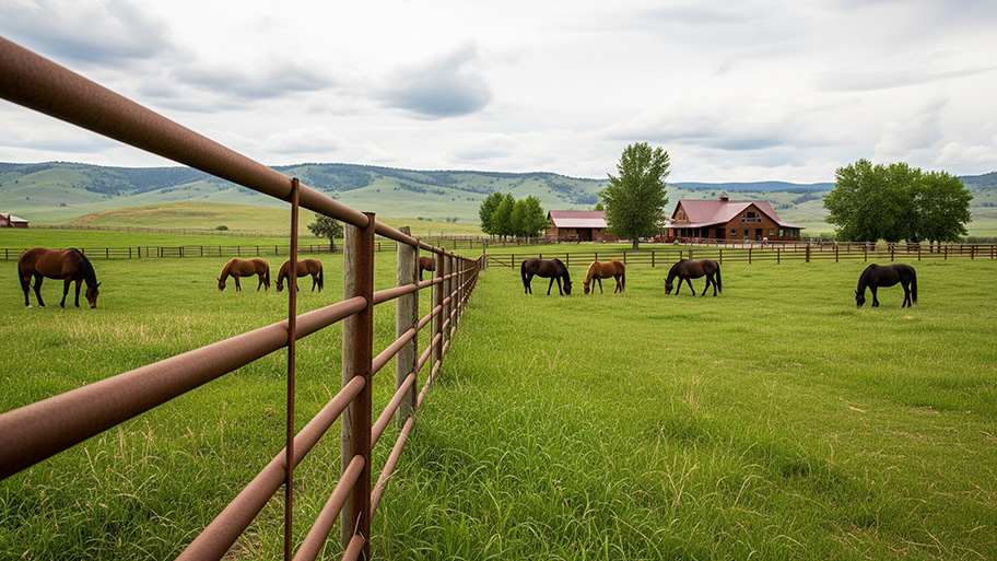 Horses grazing in a green pasture enclosed by a pipe fence with a ranch house and mountains in the background