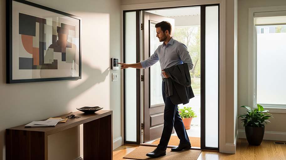 A man in a collared shirt walks into a home, pushing a button on a wall-mounted security keypad next to the front door.