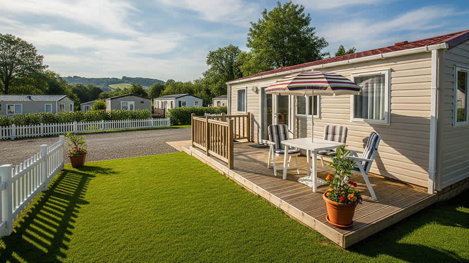 A white mobile home with a small wooden deck and patio furniture sits on a lawn with a white picket fence.