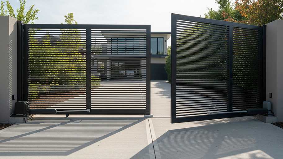A sleek black metal gate with horizontal slats opens to a modern home with a concrete driveway.
