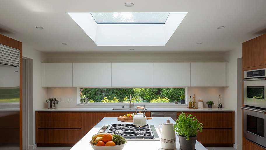 A modern kitchen with a large skylight, a sleek island, and a long window overlooking lush greenery.