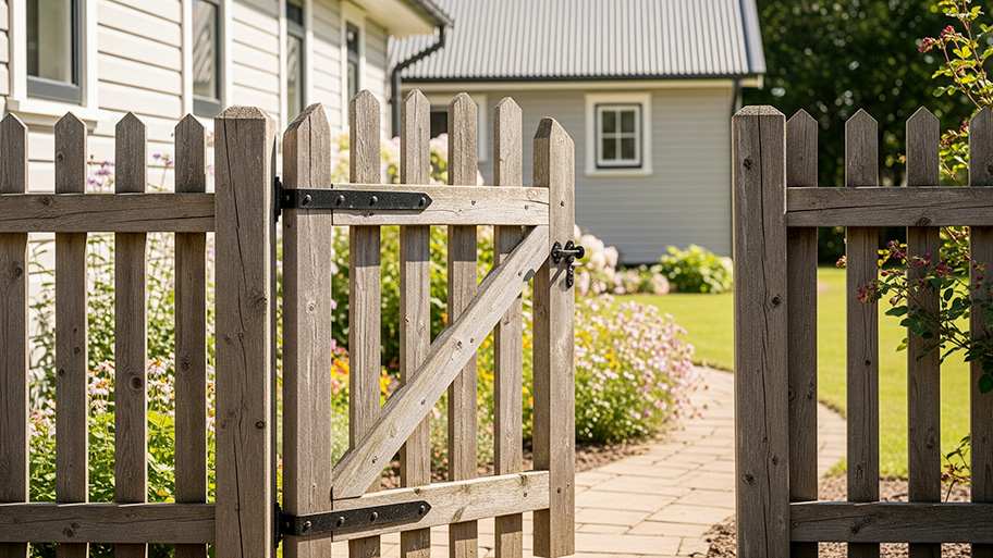 Wooden picket fence gate opening to a yard path with house siding visible in the background.