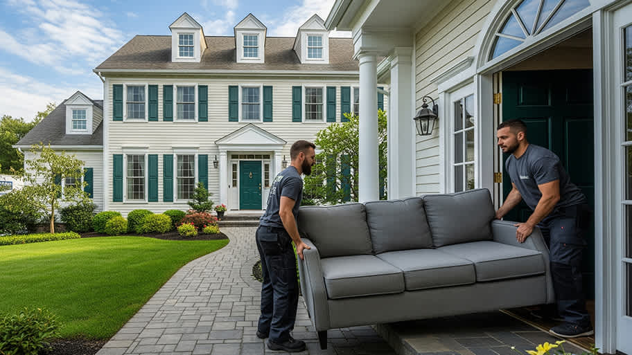 Two movers carry a gray sofa out of a large suburban home with white siding, green shutters, and a manicured lawn.