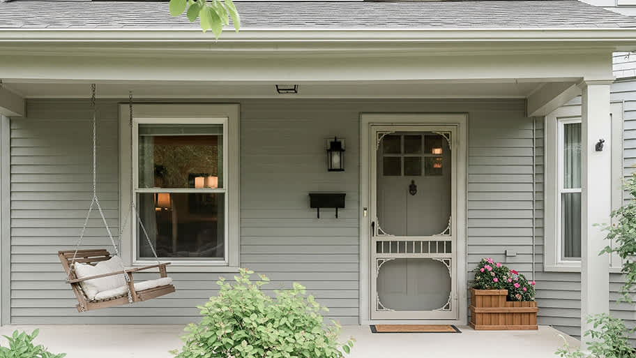 A cozy front porch with a screen door, wooden porch swing, flower planter, and light gray siding.