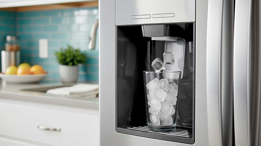 A refrigerator ice maker dispenses ice cubes into a glass in a modern kitchen with a blue tile backsplash.