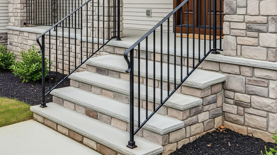 Stone front steps with a black metal handrail lead up to a porch with stone and siding exterior walls.