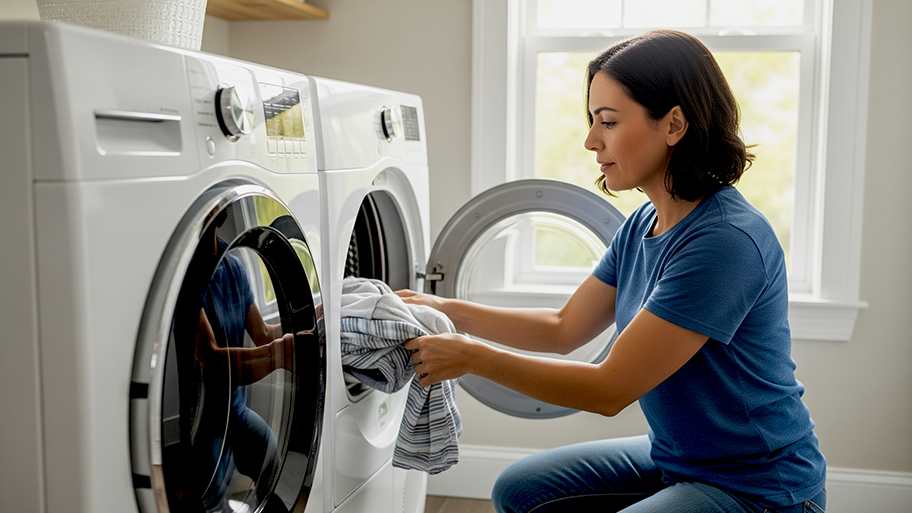 A woman kneels in front of a front-loading dryer unloading clean laundry in a bright modern laundry room.