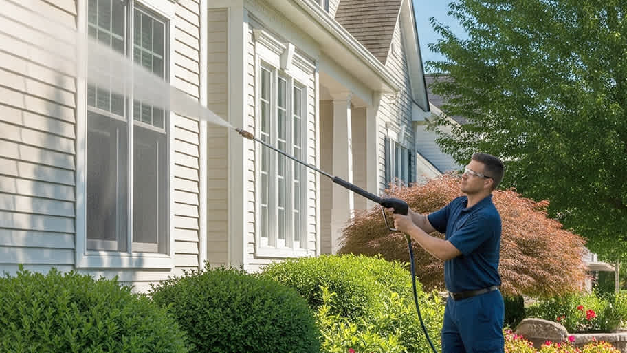 A professional pressure washes the exterior siding and windows of a house surrounded by neatly trimmed bushes and trees.