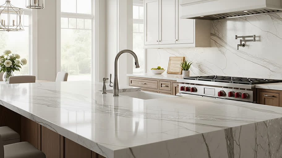 A luxury kitchen features quartzite countertops, a large island sink, white cabinets, and a commercial-style range.