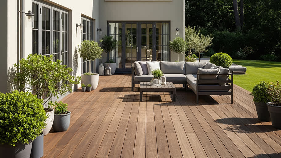 A modern wood deck with outdoor seating, potted plants, and glass doors opens to a lush green backyard.