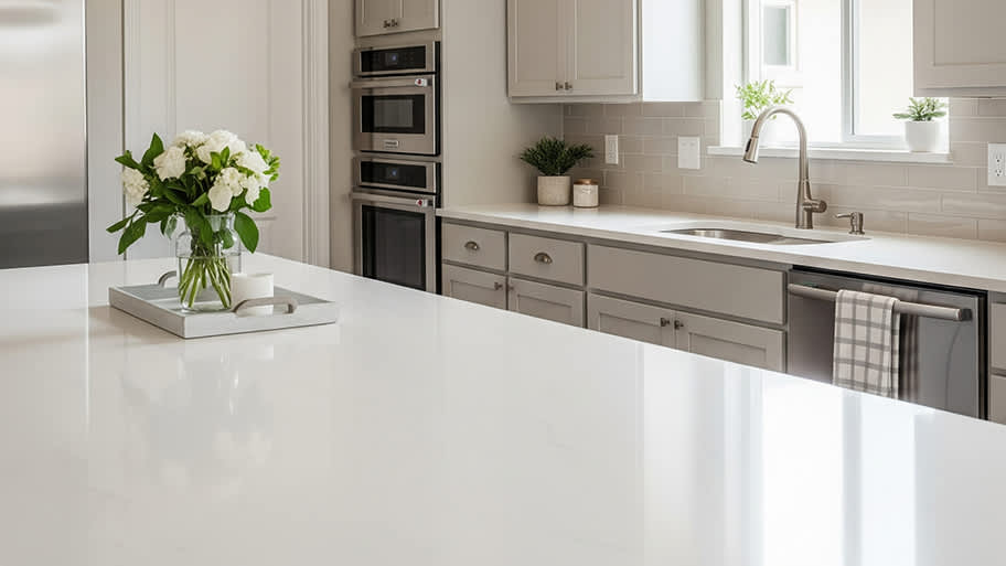A bright kitchen features Silestone countertops, gray cabinets, stainless steel appliances, and a vase of white flowers.