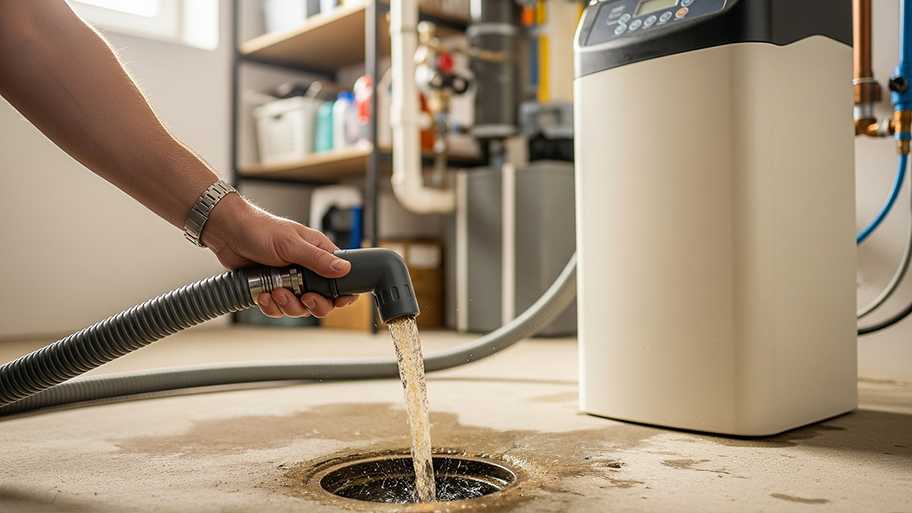 Hand holding a hose discharging brine water from a water softener into a floor drain in a utility room.