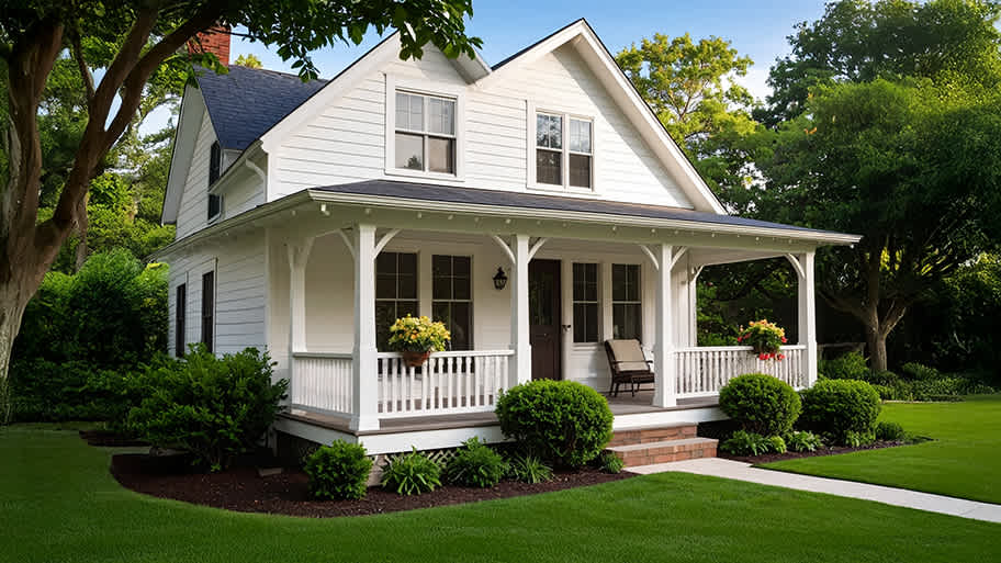 White farmhouse with wraparound porch, white siding, brick steps, and a manicured green lawn.