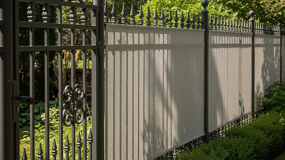 Wrought iron fence with decorative spear tops and attached beige privacy screens in a landscaped yard.