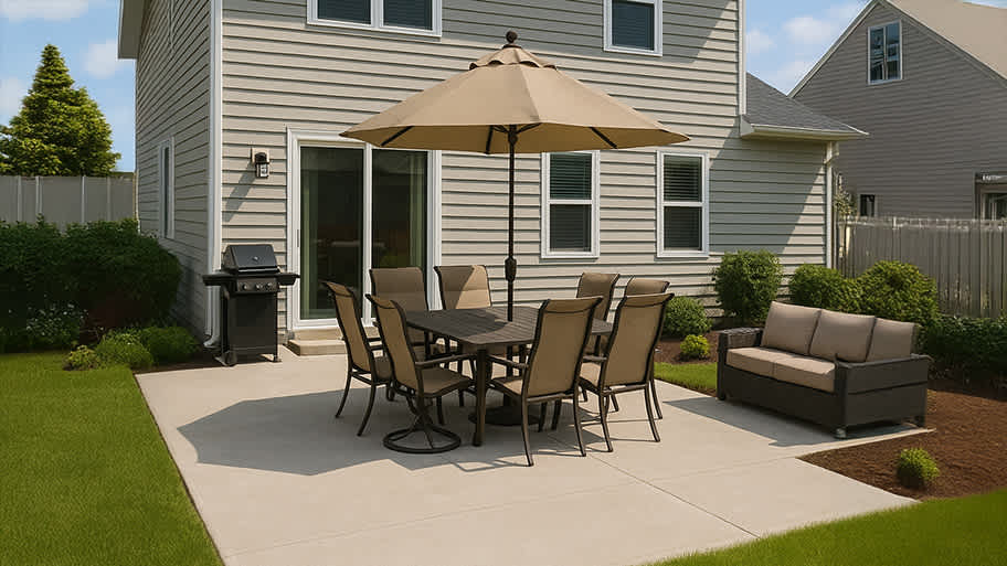 Concrete backyard patio with dining table, umbrella, grill, and cushioned seating beside a gray siding house