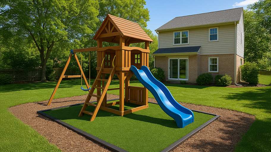 Wooden backyard playset with a blue slide, rope ladder, and single swing on a wood-chip base