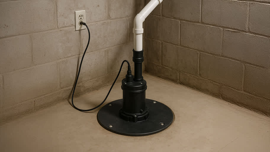 Basement sump pump installed in a concrete floor corner with a PVC discharge pipe and power cord to an outlet