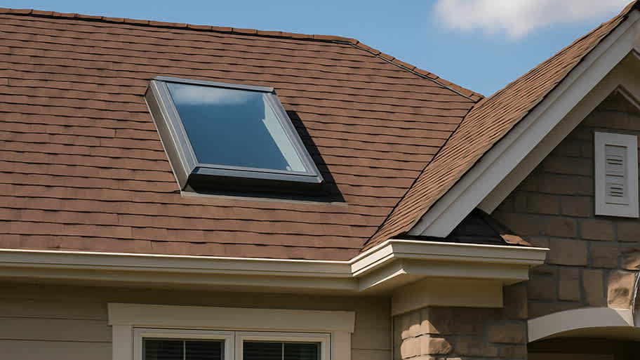 A modern black-framed skylight installed on a residential roof with brown architectural asphalt shingles