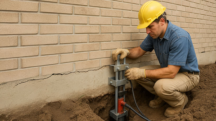 Worker installing a metal foundation bracket against a cracked brick wall using a hydraulic jack