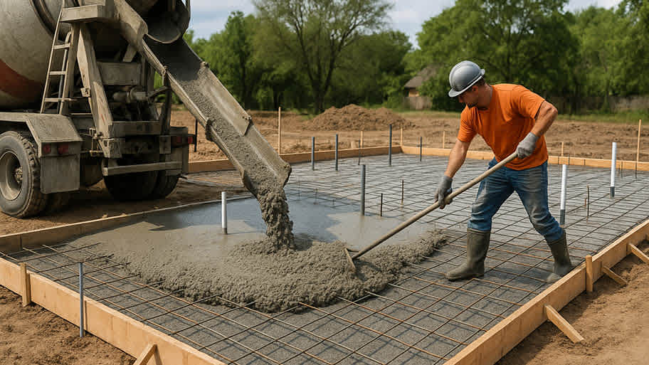 Construction worker pouring and leveling concrete slab foundation with rebar reinforcement from a cement truck at a residential building site.